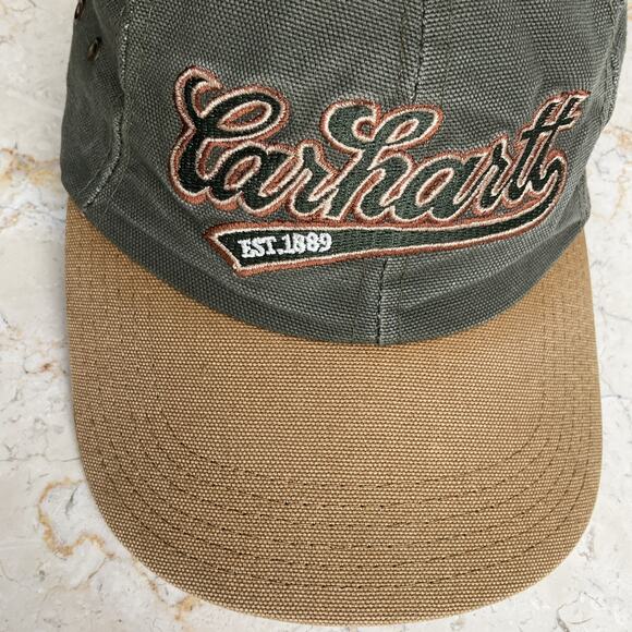 VTG 90s Carhartt Camp Hat Cap Canvas Leather Strap back Olive/Tan Made in USA